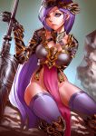  1girl :&lt; armor collarbone helmet long_hair no_panties pauldrons purple_hair sitting solo thigh-highs very_long_hair violet_eyes weapon zakusi 