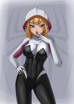  1girl blonde_hair blue_eyes breasts cleavage eyelashes gwen_stacy hand_on_hip hood large_breasts lips looking_at_viewer razorkun skin_tight solo spider-gwen spider-man_(series) 