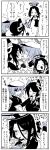  3girls 4koma blush cape comic commentary_request expressive_clothes eyepatch fingerless_gloves gloves halo hand_on_own_cheek hat headgear heart heart_in_mouth highres holding_hands interlocked_fingers kaga3chi kantai_collection kiso_(kantai_collection) monochrome multiple_girls musical_note pocky pocky_kiss shared_food short_hair sleeves_rolled_up smile sparkle tatsuta_(kantai_collection) tenryuu_(kantai_collection) translated yuri 