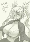  1girl breasts butterfly_eyepatch character_request choker cleavage eyepatch huge_breasts jewelry long_hair monochrome necklace original pas_(paxiti) pointy_ears sketch solo thank_you twintails upper_body 