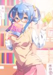  1girl ahoge blue_eyes blue_hair blurry blush book bookshelf covered_mouth depth_of_field glasses hair_ornament hairclip holding holding_book indoors lilco looking_at_viewer school_uniform shirt skirt solo sweater_vest twintails white_shirt yumekui 