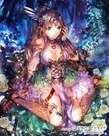  1girl breasts brown_hair cleavage fantasy flower full_body green_eyes jewelry large_breasts long_hair looking_at_viewer official_art original plant rioka_(southern_blue_sky) sitting solo tears tenkuu_no_crystalia tree very_long_hair wariza 