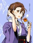  1girl alternate_costume ashigara_(kantai_collection) brown_eyes brown_hair hair_ornament hairclip japanese_clothes kantai_collection kimono long_hair looking_at_viewer sketch solo suetake_(kinrui) sweat takoyaki translated yukata 