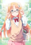  1girl 2015 adjusting_glasses amico bag bangs blonde_hair blush book bowtie camera copyright_name glasses green_eyes grin hair_ornament hairclip long_hair looking_at_viewer outdoors parted_bangs red_bowtie shirt sidelocks smile solo sweater_vest tree two_side_up viewfinder white_shirt yumekui 