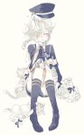  1boy animal_on_head black_legwear closed_eyes gokotai gokotai&#039;s_tigers hair_over_one_eye hand_on_own_cheek hat kneehighs male_focus military military_uniform nair shorts sitting smile tiger tiger_cub touken_ranbu uniform white_hair white_tiger 