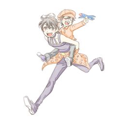  2boys black_hair blue_eyes child closed_eyes dual_persona fukai_(yas_lions) hairband hat jojo_no_kimyou_na_bouken male_focus multiple_boys narancia_ghirga open_mouth piggyback polo_shirt running shoes smile sneakers toy_airplane younger 