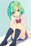  1girl black_shoes blush green_hair hair_ornament hair_tucking hairclip kneehighs open_mouth original panties pantyshot pantyshot_(sitting) pleated_skirt school_uniform shiroi_tanuki shoes short_hair sitting skirt solo underwear white_panties 