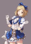  1girl :d ;d blonde_hair blue_bow bow brown_eyes cowboy_shot earrings eyebrows eyebrows_visible_through_hair gita_(granblue_fantasy) gloves granblue_fantasy hair_bow jewelry lace-trimmed_gloves looking_at_viewer one_eye_closed open_mouth oukatihiro plaid plaid_bow plaid_skirt ribbon-trimmed_clothes ribbon_trim short_hair simple_background skirt smile solo white_gloves 