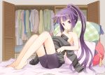  1girl akatsuki_(log_horizon) b.tarou barefoot bed bike_shorts clothes log_horizon long_hair looking_at_viewer pillow ponytail purple_hair violet_eyes 