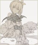  1girl animal animal_hug ankle_boots boots choker dragon edna_(tales) gloves monochrome short_hair side_ponytail sitting sketch sleeveless smile spot_color tales_of_(series) tales_of_zestiria tusia 