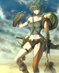  1girl asymmetrical_legwear asymmetrical_sleeves bag bandaged_arm belt between_breasts blue_eyes boots bota_(container) circlet curly_hair dagger detached_sleeves dragon_quest dragon_quest_iv earrings gem gloves green_hair heroine_(dq4) holding holding_bag jewelry midriff navel orange_legwear outdoors sheath sheathed shield short_hair shrimp_platter sky solo sword toned weapon 