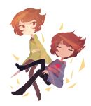  androgynous blush_stickers brown_hair chara_(undertale) closed_eyes closed_mouth frisk_(undertale) heart knife phantasmic red_eyes short_hair striped undertale 