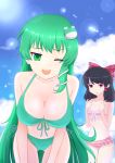  2girls ;d bent_over bikini black_hair breast_envy breast_squeeze breasts frog_hair_ornament front-tie_top green_eyes green_hair hair_ornament hair_tubes hakurei_reimu hifumiyo highres kochiya_sanae large_breasts looking_at_viewer multiple_girls naughty_face one_eye_closed open_mouth red_eyes side-tie_bikini side-tie_bottom small_breasts smile snake_hair_ornament swimsuit thigh_gap touhou tsurime 