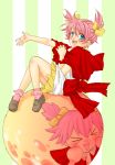  1girl :d arc_the_lad arc_the_lad_ii blush bobby_socks bow choko_(arc_the_lad) hair_ribbon happy open_mouth pink_hair red_eyes redhead ribbon shawl shoes short_hair short_twintails skirt smile socks solo twintails yellow_bow 