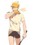  1boy black_shorts blonde_hair blue_eyes bottle cowboy_shot gearous genderswap genderswap_(ftm) hot male mercy_(overwatch) overwatch racket shirt short_hair short_sleeves shorts simple_background solo sweat sweatdrop swiss_flag tennis_racket visor_cap water_bottle white_background wing_print yellow_shirt 