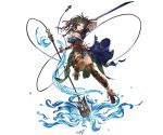  1girl belt black_hair breasts cleavage feathers full_body granblue_fantasy large_breasts leaf long_hair minaba_hideo official_art older polearm sig_(granblue_fantasy) simple_background smile solo spear transparent_background violet_eyes weapon 