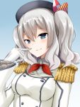  1girl artist_request blue_eyes breasts gloves hat kantai_collection kashima_(kantai_collection) large_breasts long_hair military military_uniform silver_hair smile solo twintails uniform 