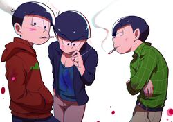  3boys black_hair brothers choromatsu cigarette crossed_arms hand_in_pocket hands_in_pockets hoodie jacket karamatsu male_focus matsuoka_(ajagaga) multiple_boys osomatsu-kun osomatsu-san osomatsu_(osomatsu-kun) plaid plaid_shirt shirt siblings simple_background smoking v-neck white_background 