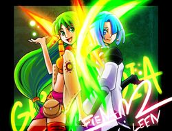  2girls bare_shoulders blue_hair breasts feena_(grandia) grandia grandia_i green_hair leen_(grandia) long_hair looking_at_viewer low-tied_long_hair lowres multiple_girls siblings sisters very_long_hair wings 