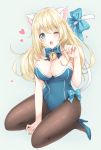  1girl :3 adapted_costume animal_ears atago_(kantai_collection) bangs bare_shoulders bell between_legs black_legwear blonde_hair blue_bow blue_bowtie blue_ribbon blue_shoes blush bow bowtie breasts cat_ears cat_tail cleavage eyebrows eyebrows_visible_through_hair fang full_body hand_between_legs heart high_heels highres jingle_bell kantai_collection kittysuit large_breasts leotard long_hair looking_at_viewer nanairo_fuuka one_eye_closed pantyhose paw_pose ribbon shoes simple_background sitting solo tail tail_bow tail_ribbon 
