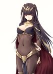  1girl black_hair bodysuit bracelet breasts bridal_gauntlets cape cleavage covered_nipples fire_emblem fire_emblem:_kakusei jewelry kirishima_satoshi large_breasts long_hair simple_background solo tharja tiara two_side_up very_long_hair violet_eyes white_background 