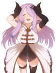  1girl :d ^_^ breasts closed_eyes demon_horns doraf granblue_fantasy hair_over_one_eye hands_on_own_head horns large_breasts lavender_hair long_hair narumeia_(granblue_fantasy) open_mouth pointy_ears simple_background skindentation smile solo tobi-mura white_background 
