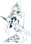  1girl armor armored_boots artist_request bodysuit cape claymore claymore_(sword) huge_weapon long_hair monochrome pauldrons solo sword teresa weapon 