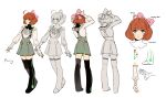  1girl ahoge aqua_eyes black_legwear bow brown_hair character_name character_sheet commentary detached_sleeves dress ein_lee freckles from_behind hair_bow penny_(rwby) rwby short_hair simple_background solo thigh-highs white_background 