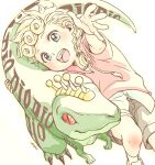  1boy blonde_hair blue_eyes braid dinosaur from_above fukai_(yas_lions) giorno_giovanna hair_ornament hoodie jojo_no_kimyou_na_bouken open_mouth reaching_out scary_monsters_(stand) shorts signature smile sweater 