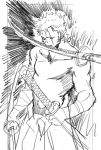  1boy bandages greyscale katana monochrome mouth_hold nakamura_yutaka one_piece reverse_grip roronoa_zoro scar scar_across_eye shirtless sketch solo sword triple_wielding weapon 