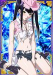  1girl belt black_hair card_(medium) hair_ornament hat ikkitousen long_hair looking_at_viewer navel saji_genpou_(true) skirt solo torn_clothes torn_skirt twintails yellow_eyes 