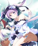  1boy 1girl asterios_(fate/grand_order) bare_shoulders black_sclera bracelet carrying collarbone dress euryale fate/grand_order fate_(series) flower frills hairband horns jewelry llaoi_h lolita_fashion lolita_hairband long_hair purple_hair shoulder_carry size_difference twintails violet_eyes white_hair 