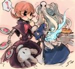  ! 2girls apron bloody_marie_(skullgirls) blue_fire blush bow cake commentary_request dress eating eye_socket feeding fire food gloves hair_ornament hat looking_at_another maid maid_headdress mechanical_arms multiple_girls notoro open_mouth orange_hair peacock_(skullgirls) red_eyes short_hair skull skull_hair_ornament skullgirls speech_bubble twintails white_gloves 