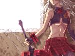  1girl alisa_ilinichina_amiella boots breasts elbow_gloves fingerless_gloves gloves god_eater god_eater_burst holding_weapon long_hair mecha midriff pantyhose plaid silver_hair skirt solo suspender_skirt suspenders sword thigh-highs thigh_boots under_boob weapon 