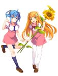  2girls :d :o ahoge amico bangs blonde_hair blue_eyes blue_hair blue_necktie blush bowtie breasts cutout flat_chest flower full_body green_eyes hair_ornament hair_ribbon hairclip highres holding holding_flower jumper kneehighs leg_up lilco loafers long_hair looking_at_viewer multiple_girls navy_blue_legwear necktie open_mouth puffy_sleeves ribbon school_uniform serafuku shoes sidelocks simple_background smile standing standing_on_one_leg sunflower thigh-highs twintails two_side_up very_long_hair white_background white_legwear yumekui zettai_ryouiki 
