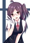  1girl :d absurdres ahoge bangs bespectacled brown_eyes glasses gloves hagikaze_(kantai_collection) highres kantai_collection leaning_forward long_hair looking_at_viewer masmbel open_mouth parted_bangs purple_hair red-framed_glasses school_uniform semi-rimless_glasses short_sleeves side_ponytail skirt smile solo v vest white_gloves 