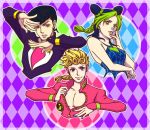  1girl 2boys argyle argyle_background black_hair blonde_hair blue_eyes blue_hair blue_nails braid double_bun earrings fukai_(yas_lions) gakuran giorno_giovanna green_eyes green_hair halter_top halterneck higashikata_jousuke jewelry jojo_no_kimyou_na_bouken jojo_pose kuujou_jolyne multicolored_hair multiple_boys nail_polish outline pompadour school_uniform smile two-tone_hair 