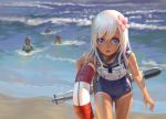  4girls bare_shoulders beach blonde_hair blue_eyes blurry crop_top depth_of_field flower hair_flower hair_ornament highres i-168_(kantai_collection) i-19_(kantai_collection) i-58_(kantai_collection) kantai_collection lifebuoy long_hair looking_at_viewer multiple_girls open_mouth partially_submerged pinakes pink_hair redhead ro-500_(kantai_collection) school_swimsuit short_hair swimsuit tan tanline 
