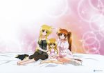  3girls blonde_hair blue_eyes fate_testarossa green_eyes heterochromia highres long_hair lyrical_nanoha mahou_shoujo_lyrical_nanoha_vivid multiple_girls orange_hair red_eyes sacred_heart sleepwear tagme takamachi_nanoha very_long_hair vivio 