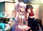  2girls bakki black_boots black_hair boots closed_eyes commentary cookie cross-laced_footwear dirty_clothes eating food lace-up_boots long_hair multiple_girls pantyhose ponytail ruby_rose rwby scarf short_hair silver_hair smile weiss_schnee yuri 