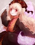  1girl black_dress blonde_hair chinese_clothes dress hair_ornament hoshibuchi junko_(touhou) long_hair long_sleeves looking_at_viewer red_eyes smile solo table touhou very_long_hair wide_sleeves 
