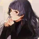  1girl bangs black_hair blunt_bangs blush character_name copyright_name earrings ekao from_side hands_clasped jewelry long_hair long_sleeves looking_at_viewer ootori_chacha open_mouth parted_lips simple_background sketch solo tokyo_7th_sisters turtleneck upper_body violet_eyes wavy_hair 