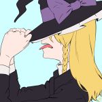  1girl amino_(tn7135) blonde_hair blue_background braid hat kirisame_marisa long_hair profile simple_background solo tongue tongue_out touhou witch_hat 
