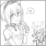  1girl :p banana blush character_request chibi_inset choker edna_(tales) food fruit hairband heart jewelry lowres mikleo_(tales) monochrome pendant short_ponytail small_breasts spoken_heart strap_slip tales_of_(series) tales_of_zestiria tongue tongue_out tusia 