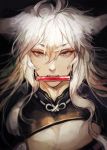  1boy bangs bit_gag fangs gag gagged gijang hair_between_eyes hair_flaps kogitsunemaru long_hair male_focus solo touken_ranbu upper_body white_hair 