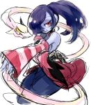  1girl bare_shoulders blue_hair blue_skin breasts commentary_request detached_collar detached_sleeves eyelashes hair_over_one_eye half-closed_eyes leviathan_(skullgirls) long_hair long_skirt looking_at_viewer notoro red_eyes side_ponytail skirt skull skullgirls squigly_(skullgirls) stitched_mouth striped striped_sleeves white_background zombie 