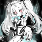  1girl apron bloody_marie_(skullgirls) commentary_request foreshortening hair_ornament hat maid maid_headdress monochrome notoro outstretched_arm red_eyes silver_hair skull skull_hair_ornament skullgirls solo spot_color twintails 