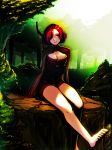  1girl barefoot bow_(weapon) cleavage_cutout feet highres legs lips long_sleeves nature original quiver red_eyes redhead short_hair shorts sitting smile solo toes tree weapon 