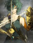  1girl belt blue_eyes buckle circlet curly_hair detached_sleeves dragon_quest dragon_quest_iv earrings electricity gem gloves green_hair grey_background heroine_(dq4) jewelry looking_at_viewer sheath shield short_hair shrimp_platter smile smirk solo sword unsheathed upper_body weapon 