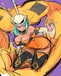  1girl aqua_hair aqua_lipstick bare_shoulders breasts cerebella_(skullgirls) cleavage commentary_request dark_skin detached_sleeves dress eyeshadow hat large_breasts lipstick living_clothes looking_at_viewer makeup notoro one_eye_closed purple_background short_dress short_hair skullgirls smile thigh-highs vice-versa_(skullgirls) 